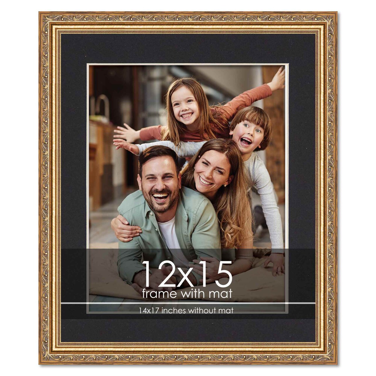 Antique Gold Frame with Black Photo Mat, UV Acrylic Front, Foam Board Backing, 60 Sizes Available